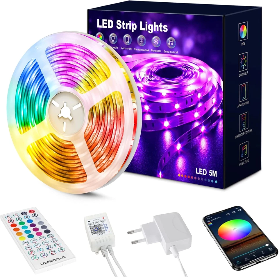 Striscia LED 5 Metri (30 Leds/M), Luci LED 5050 RGB per Camera, Con Telecomando  - Immagine 1 di 4