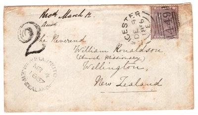 GB Nueva Zelanda 1856 Cubierta de tarifa 6d de Leicester a Wellington con sello de mano 2d Foto 1 de 2