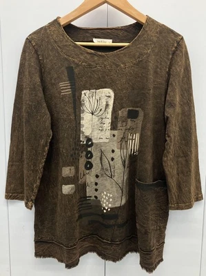 Jess & Jane Shirt Womens Small Brown Abstract Art Pocket Tunic Boho Made USA - Image 1 of 4