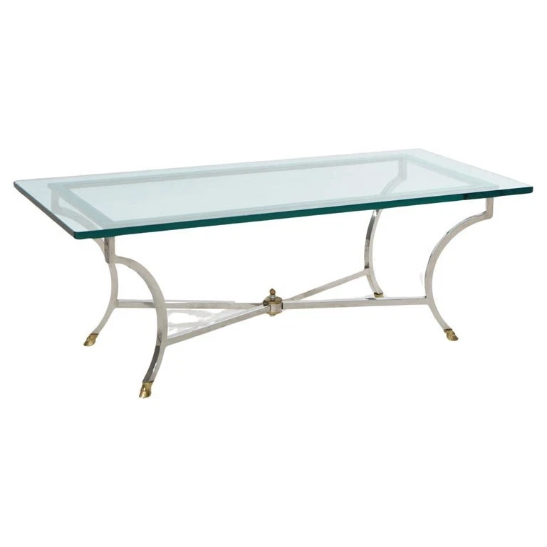 Mesa de centro moderna de mediados de siglo Hollywood Regency cromada, latón y vidrio C1960 Foto 1 de 4