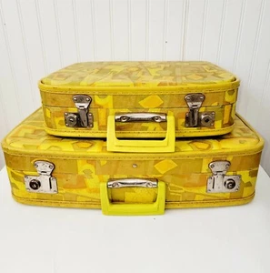 Two 1970's Floral Suitcases Luggage Set Vinyl Retro Travel Whimsical Geometric - Picture 1 of 10