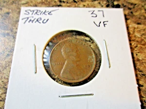 1937 LINCOLN CENT STRIKE THRU ERROR 37 VF FF8 - Picture 1 of 4