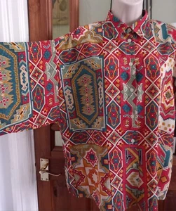 Vtg 80s St Michael Geometric Kilim Print Blouse Shirt Size 14 Boho Ethnic Tribal - Picture 1 of 7