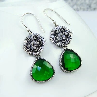 Damen-Ohrringe aufreizende Ohrringe filled Sterling Silber 925 Edelstein Smaragd - Bild 1 von 2