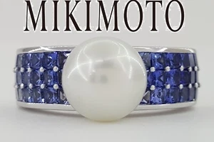 Mikimoto South Sea Pearl & Sapphire Ring 9 mm 1.72 ct 18k White Gold - Picture 1 of 11