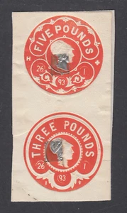 Great Britain, 1893 £5, £3 orange Embossed Revenues pair with Royal Cyphers, VF - Picture 1 of 2