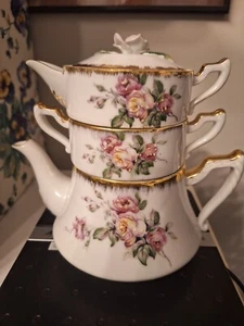 Vintage Rose Floral triple Stacking / Pot /Sugar/Creamer - Marked H-K on Bottom - Picture 1 of 4
