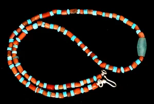 Necklace, with Antique Red Coral, Roman Glass, Turquoise and 925 Silver Beads - Picture 1 of 5