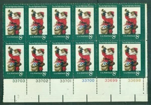 US #1472, 8¢ Santa, Plate Block of 12 w/Brown Misregistration Error (horn & bag) - Picture 1 of 1
