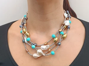 Women's Necklace Circular Natural Baroque Pearls Silver Hematite Turquoise - Picture 1 of 11
