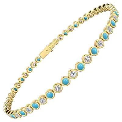 7CT Round Lab Created Turquoise Women's Tennis Bracelet 14K Yellow Gold Finish - Image 1 of 3