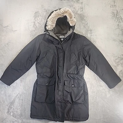 Lands’ End 女孩 M 10-12 黑色人造毛皮帽冬季派克大衣羊毛衬里 — 第 1/4 张图片