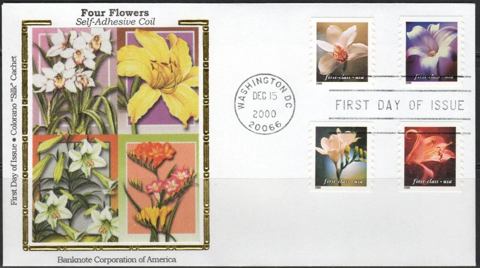 US Scott #3462 - 65  Colorano "Silk" Cachet, "Four Flowers", FDCs - Image 1 of 1