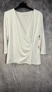 Soft Surroundings White Alyssa Knit Top XL Faux Wrap Ruched NEW Pima Cotton - Picture 1 of 14