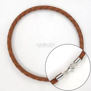 7 Zoll Sterlingsilber 4 mm hellbraun geflochten rund Lederband Armreif mit Karabinerverschluss - Bild 1 von 1