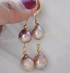 12-13MM Natural Purple Keshi Reborn Pearl 14K Gold Leverback Dangle Earrings AAA - Picture 1 of 6