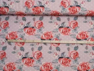 Baumwolle JERSEY Stoff Baumwolljersey Shabby Rosen Blumen Floral Punkte Altrosa - Bild 1 von 4