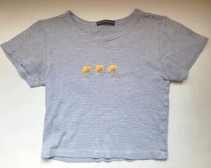 T-shirt elasticizzata brandy Melville blu a righe bianche gialle tagliate 3 fiori gialli - Foto 1 di 9