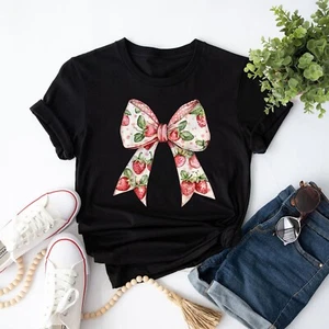 Strawberry Festival Coquette Bow Berry Fruit Season Women T-Shirt - Picture 1 of 6