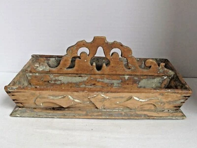 Antique Carved Wood Handled Cutlery Tray American c.1870 Old Grey Paint - Image 1 of 4