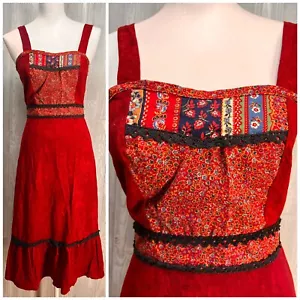 VTG Dress 60's Red Velour Patchwork Calico Floral Black Crochet Lace Sun M - Picture 1 of 5