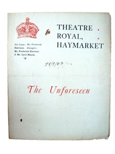 Programa de teatro 1903 The Unforeseen Eric Lewis Evelyn Millard Cyril Maude - Imagen 1 de 2