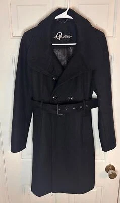 Women's Guess Dress Coat, Long Wool Button Down Belted Size M, Black - Image 1 of 4