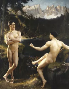 Gottfried Hofer "Male Nudes by a River in an Alpine Landscape" nature chest Art - Picture 1 of 4