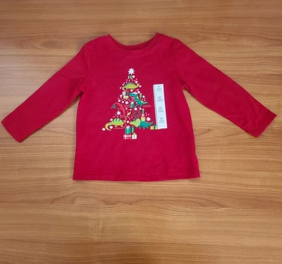Cat & Jack Toddler Boys Size 3T Christmas Dinosaur Long Sleeve Shirt Red - Image 1 of 4