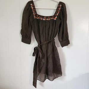 Milly Womens 2 Linen Brown Embroidered Beaded Midi Square Neck Autumn Dress - Picture 1 of 12