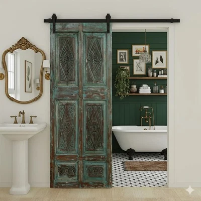 Laje de porta esculpida vintage verde rústico salvamento arquitetônico porta celeiro única 80 - Imagem 1 de 4