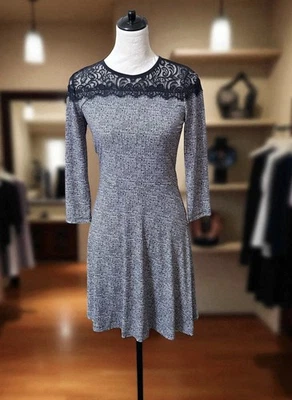 Michael Kors 人字形印花连衣裙 蕾丝细节 3/4 袖 XS 码 — 第 1/4 张图片