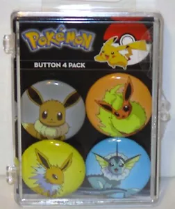 EVEE SET OF FOUR PIN BACK BUTTONS IN COLLECTORS CASE ~ POKEMON ~ FREE SHIP - Picture 1 of 2