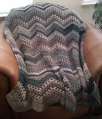 NEW HAND CROCHET BLUE TAUPE BROWN MULTI COLOR RIPPLE AFGHAN LAP BLANKET THROW - Image 1 of 4