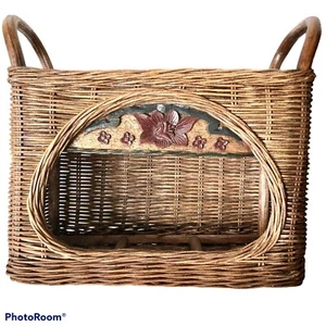 Mimbre portador de vino de 3 botellas y panel de madera tallado a mano 14x12x6"" regalo de azafata - Imagen 1 de 5