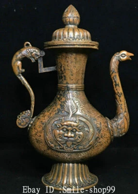 12.5" Antigua China Bronce Puro Fénix Cabeza de Pájaro Mango de Dragón Vino Tetera Bandera Foto 1 de 4