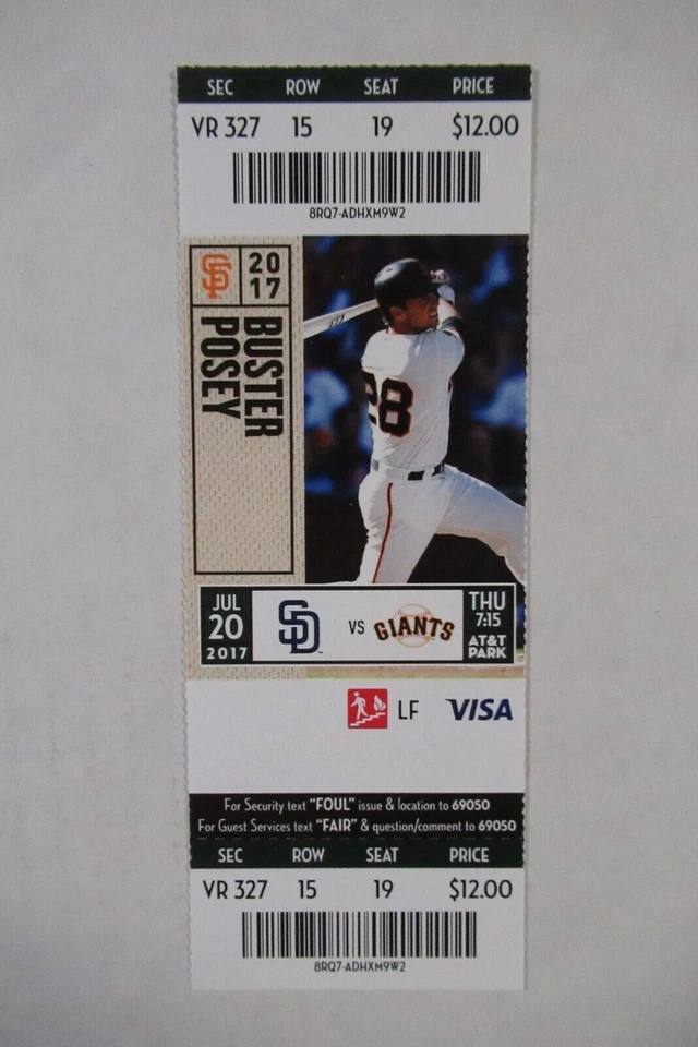 SAN FRANCISCO GIANTS VS SAN DIEGO PADRES 7/20/2017 FULL TICKET ~ BUSTER POSEY - Image 1 of 1