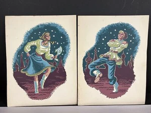 Vtg Pair Silkscreen Serigraph Prints MCM 50s Costume Russian Folk Dancers - Picture 1 of 6
