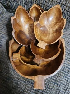 MCM Wood Teak Chip Dip Salad Bowl Set 1 Big 5 Small Leaf Bowls Set Thanksgiving - Picture 1 of 7