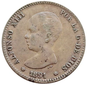 1891 (91) PG-M SILVER SPAIN PESETA ALFONSO XIII COIN MADRID MINT - Picture 1 of 2