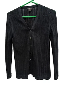 Talbots Women Cardigan Petite Small Black Pima Cotton Pointelle Knit Button Up - Picture 1 of 6