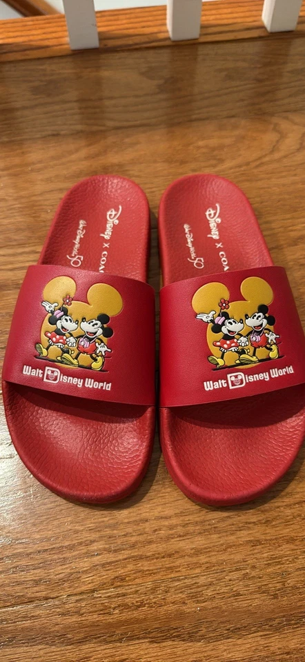 *ENTRENADOR* (talla 7) Disney X Mickey/Minnie Diapositiva ROJA Walt Disney World 50 Aniversario Foto 1 de 4