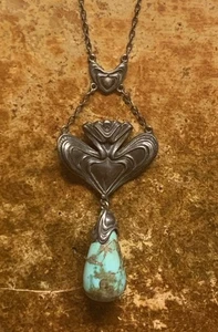 Antikes Jugendstil Collier Sterlingsilber mit großem Türkis Tropfen - Bild 1 von 12