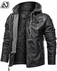 Men's Real Leather Jacket AJ Brand Motorcycle Biker Jacket with Removable Hood - Picture 1 of 5