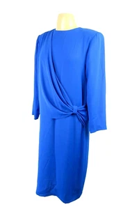 Vintage Henry Lee Womens Crepe Dress Petite 12 Blue Chiffon ILGWU Union Sheath - Picture 1 of 8