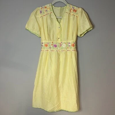 VTG Sunshine Yellow Floral Embroidered Sun Dress 60s 70s Sundress Womens S/M ? - Image 1 of 4