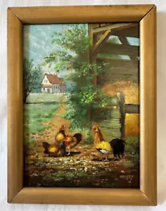 Vintage signiertes VR Ölgemälde auf Holzplatte Hühnerfamilie - Bild 1 von 6