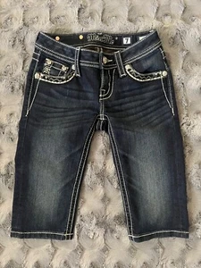 Miss Me Shorts Girls Bermuda Dark Wash Size 7 Bling Embellished Cowgirl - Picture 1 of 7