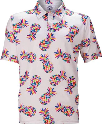 Proud 90 Ninety Men's Polo Shirt LARGE White Neon Fun Pineapple Party Golf - Imagem 1 de 4