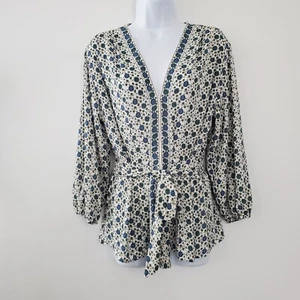 Max Studio Womens Blue Floral Tie Front Blouse Size L V Neck Boho Career NWT - Picture 1 of 10